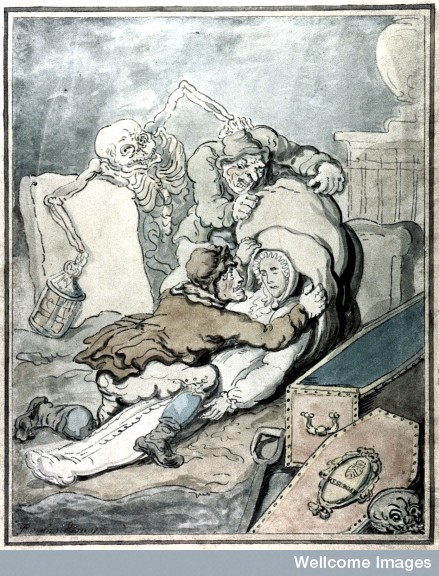 Killed by a Corpse L0014659 Two men placing the shrouded corpse which they have just Credit: Wellcome Library, London. Wellcome Images images@wellcome.ac.uk http://images.wellcome.ac.uk Two men placing the shrouded corpse which they have just disinterred into a sack while Death, as a nightwatchman holding a lantern, grabs one of the grave-robbers from behind. Coloured drawing by T. Rowlandson, 1775. Watercolour 1755 By: Thomas RowlandsonPublished: - Copyrighted work available under Creative Commons by-nc 2.0 UK, see http://images.wellcome.ac.uk/indexplus/page/Prices.html