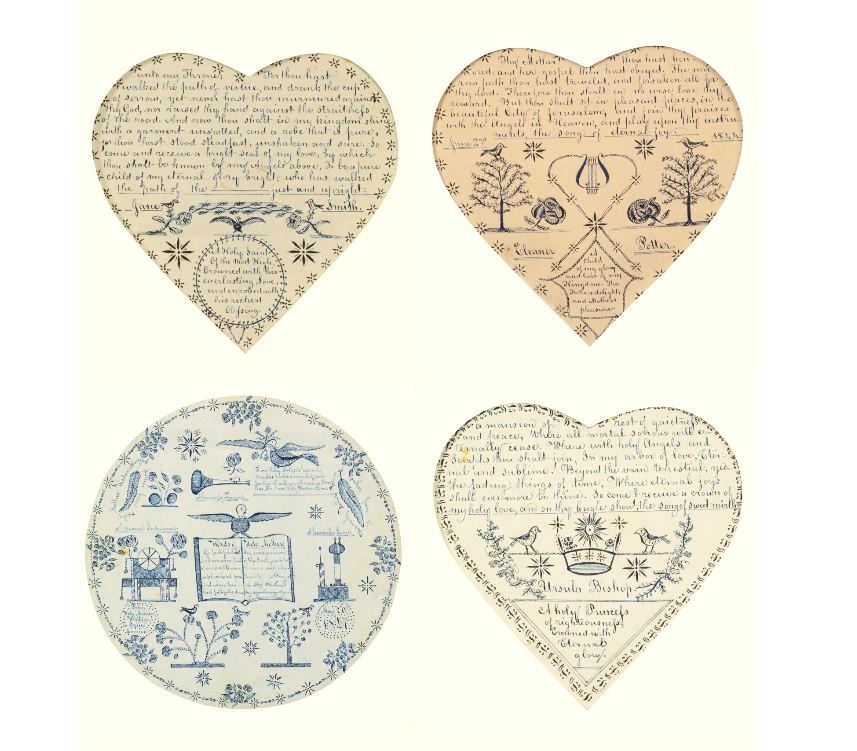 The Medium's Valentine. Shaker Valentine hearts hand-drawn in 1844 under the influence of a spirit by Polly Reed. What we would call "channeled." 